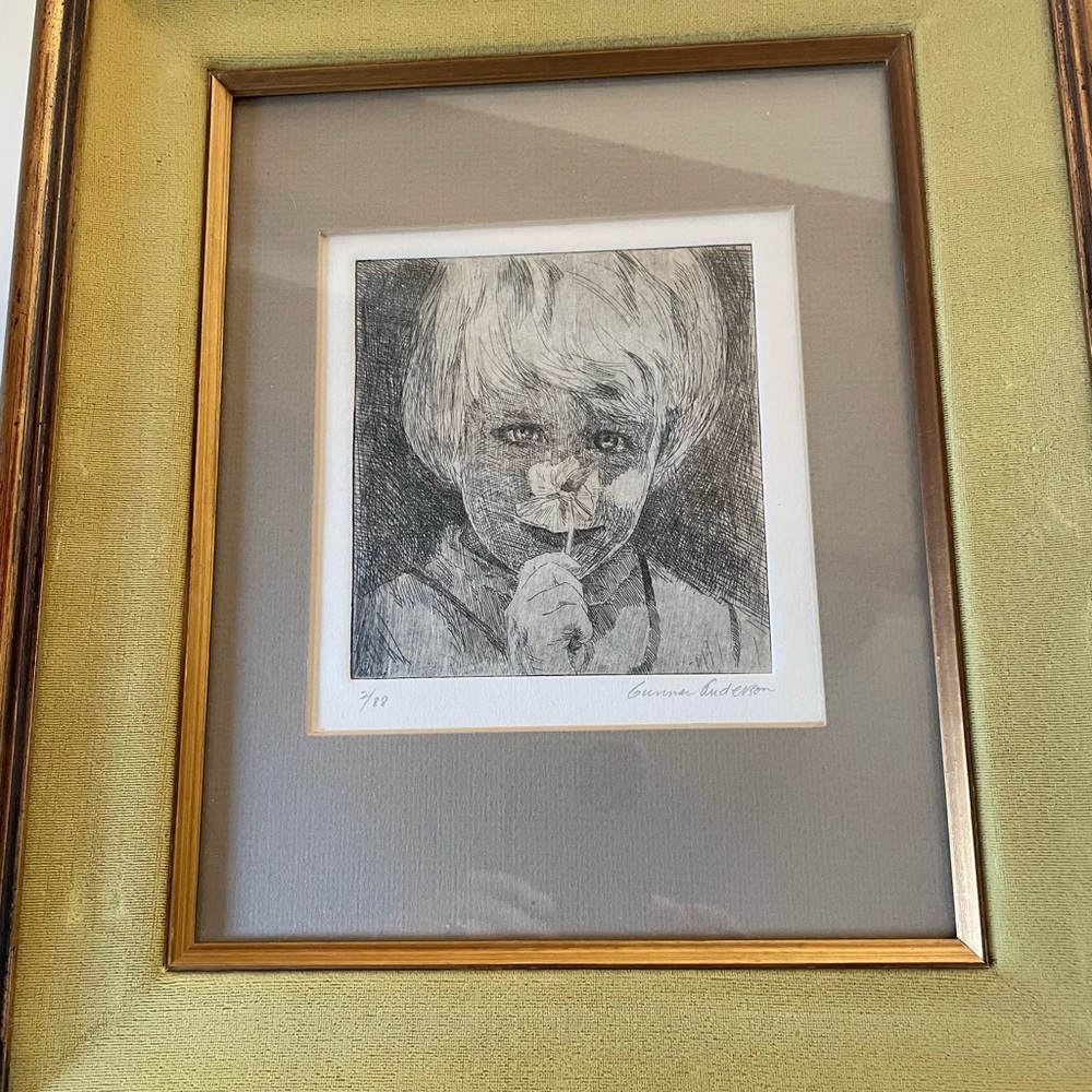 🌸Framed Etching of a Girl Smelling a Flower, signed and numbered by the artist.